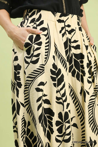 Tropical Leaf Print Wide Leg Pants