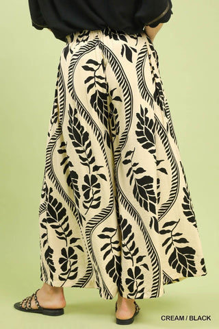 Tropical Leaf Print Wide Leg Pants