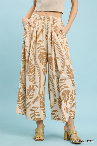 Tropical Leaf Print Wide Leg Pants