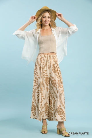 Tropical Leaf Print Wide Leg Pants