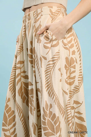 Tropical Leaf Print Wide Leg Pants