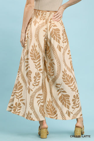 Tropical Leaf Print Wide Leg Pants