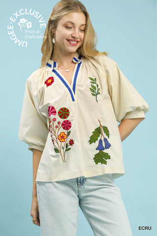 Embroidered Floral V-Neck Blouse