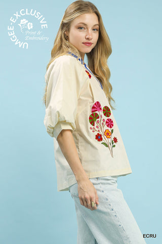 Embroidered Floral V-Neck Blouse