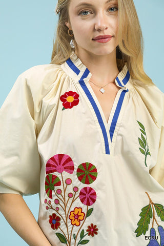 Embroidered Floral V-Neck Blouse