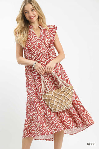 Leaf Print Tiered Midi Dress