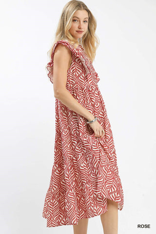 Leaf Print Tiered Midi Dress