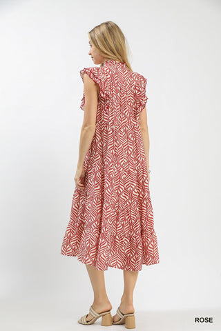 Leaf Print Tiered Midi Dress