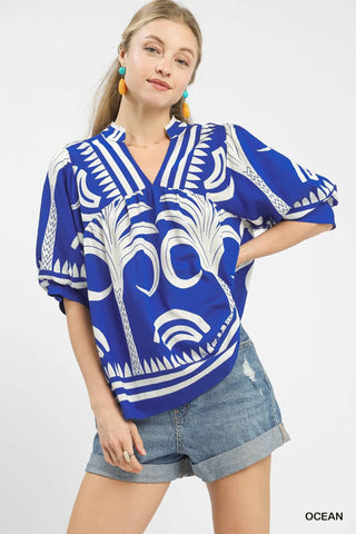 Folk Art Palm Print V-Neck Top
