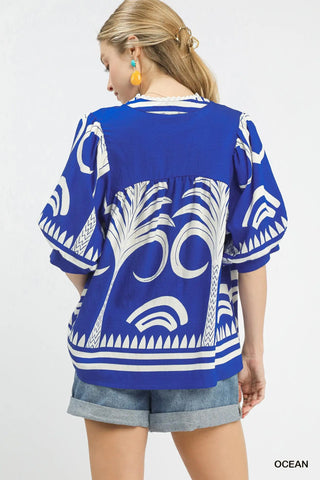 Folk Art Palm Print V-Neck Top