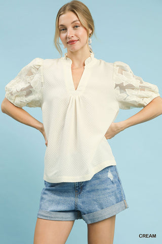 Textured Blouse with Lace Sleeves