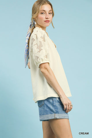 Textured Blouse with Lace Sleeves