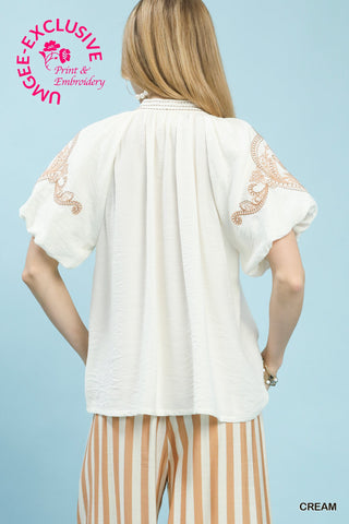 Embroidered Puff Sleeve Top