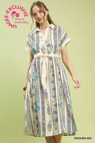 Vertical Print Tie Waist Midi Dress