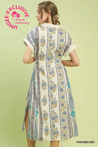 Vertical Print Tie Waist Midi Dress