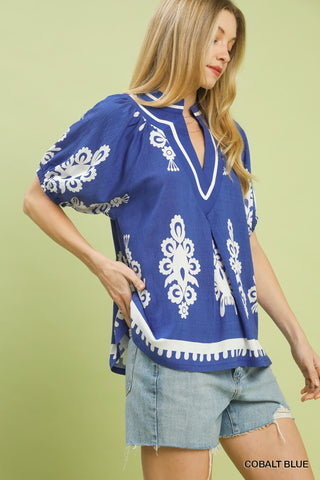 Boho Print Split-Neck Short Sleeve Top