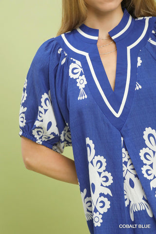 Boho Print Split-Neck Short Sleeve Top