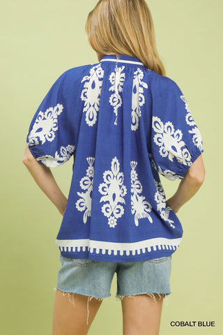 Boho Print Split-Neck Short Sleeve Top