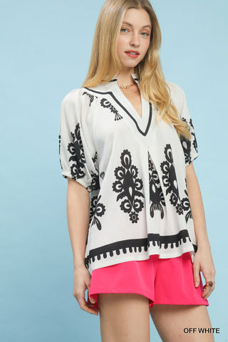 Boho Print Split-Neck Short Sleeve Top