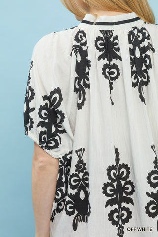 Boho Print Split-Neck Short Sleeve Top