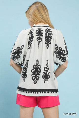 Boho Print Split-Neck Short Sleeve Top