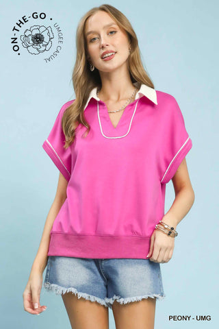 Contrast Collar Soft Knit Polo Top