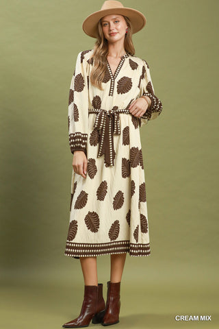 Mix Leaf Print Belted Midi Dress