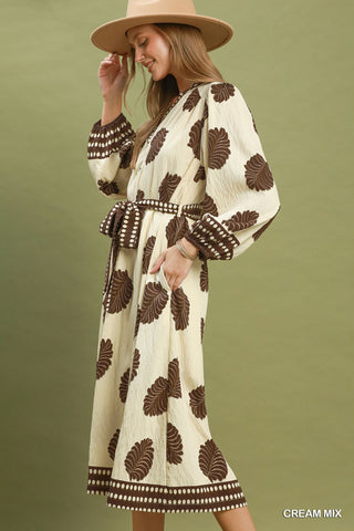 Mix Leaf Print Belted Midi Dress