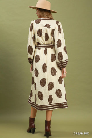 Mix Leaf Print Belted Midi Dress