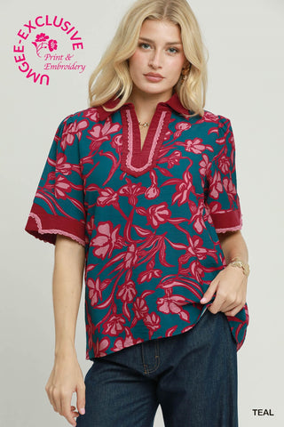 Floral Print Collared Top