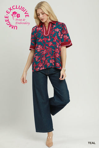 Floral Print Collared Top