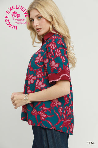 Floral Print Collared Top