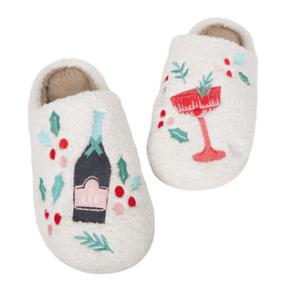 Pair of slippers with festive designs on a white background