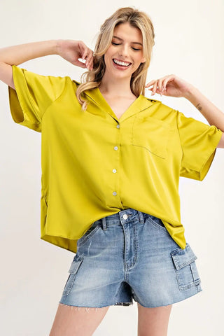 Satin Button Down Pocket Top - BLACK