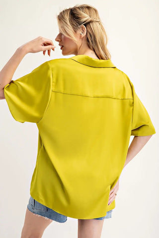 Satin Button Down Pocket Top - BLACK