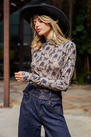 Mesh Western Horse Graphic Mock Neck Top