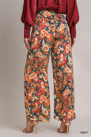 Satin Paisley Wide Leg Printed Pants