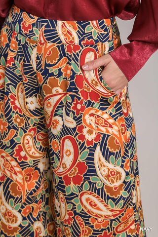 Satin Paisley Wide Leg Printed Pants