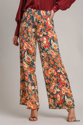 Satin Paisley Wide Leg Printed Pants