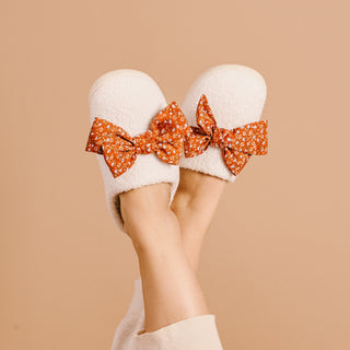 Fall Flora Bow Fuzzy Slippers
