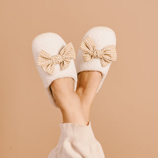 Maple Gingham Bow Fuzzy Slippers