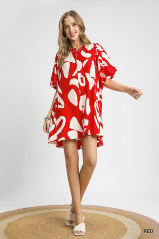 Abstract Print Puff Sleeve Mini Dress