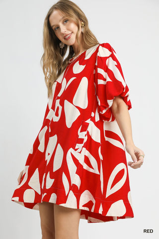 Abstract Print Puff Sleeve Mini Dress