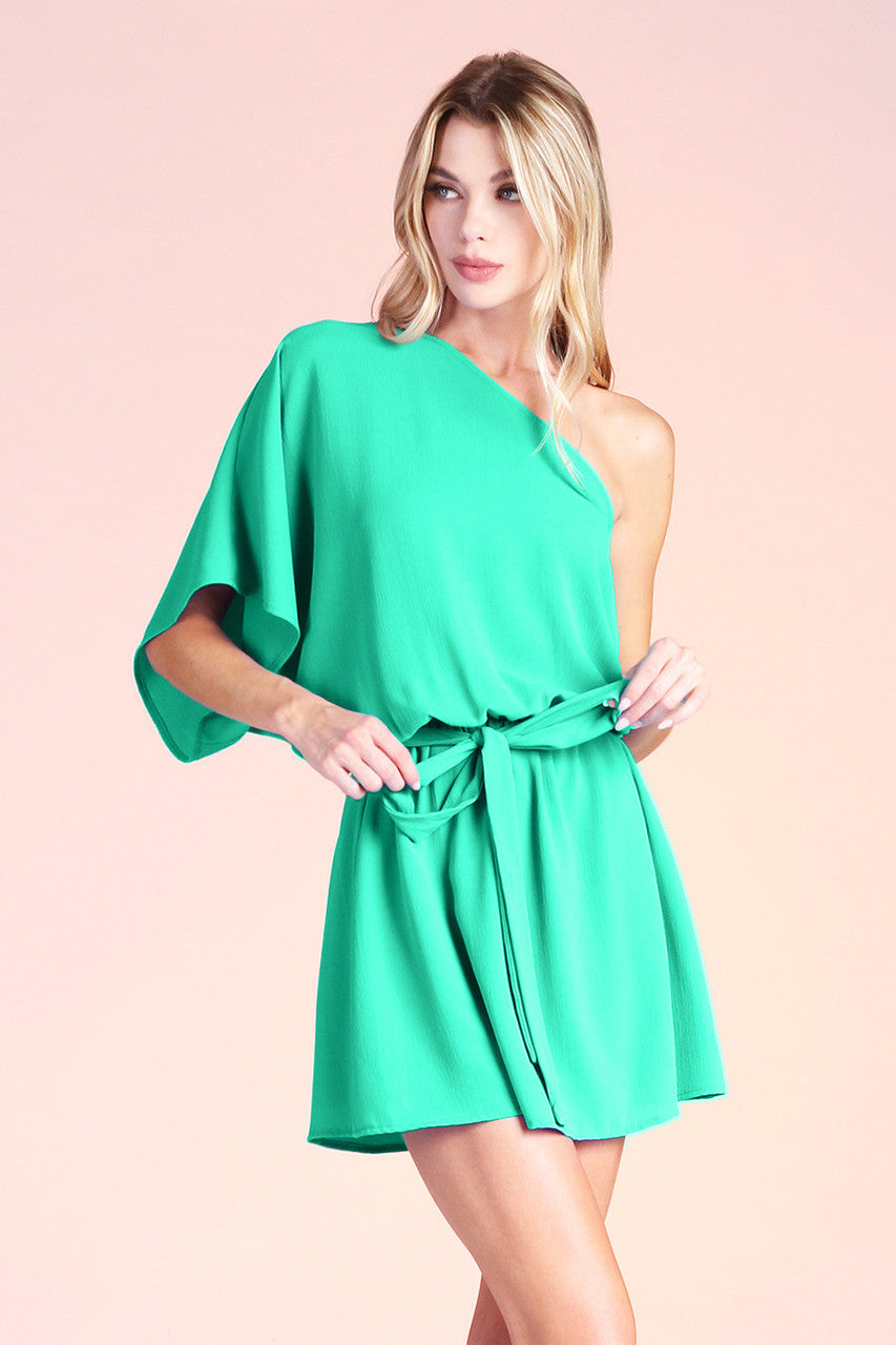 Emerald Textured One Shoulder Mini Dress