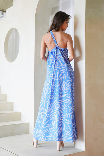Blue Lanai Leaf One Shoulder Dress
