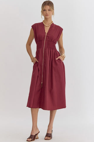 V-Neck Zippered Midi Dress