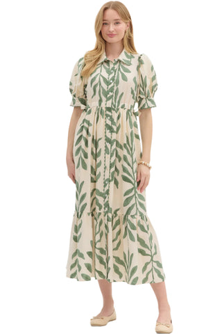 Leaf Print Puff Sleeve Dress