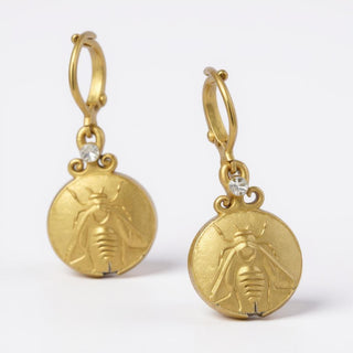 Gold Bee & CZ Drop Earrings