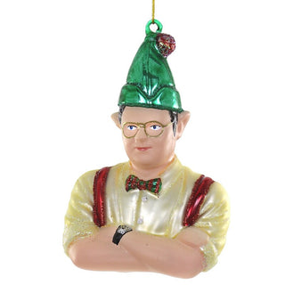 Decorative ornament of a character with a green hat and red suspenders on a white background