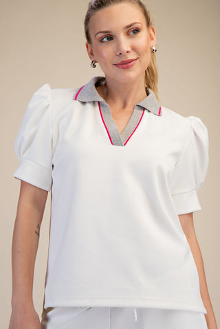Collar V-Neck Puff Sleeve Top